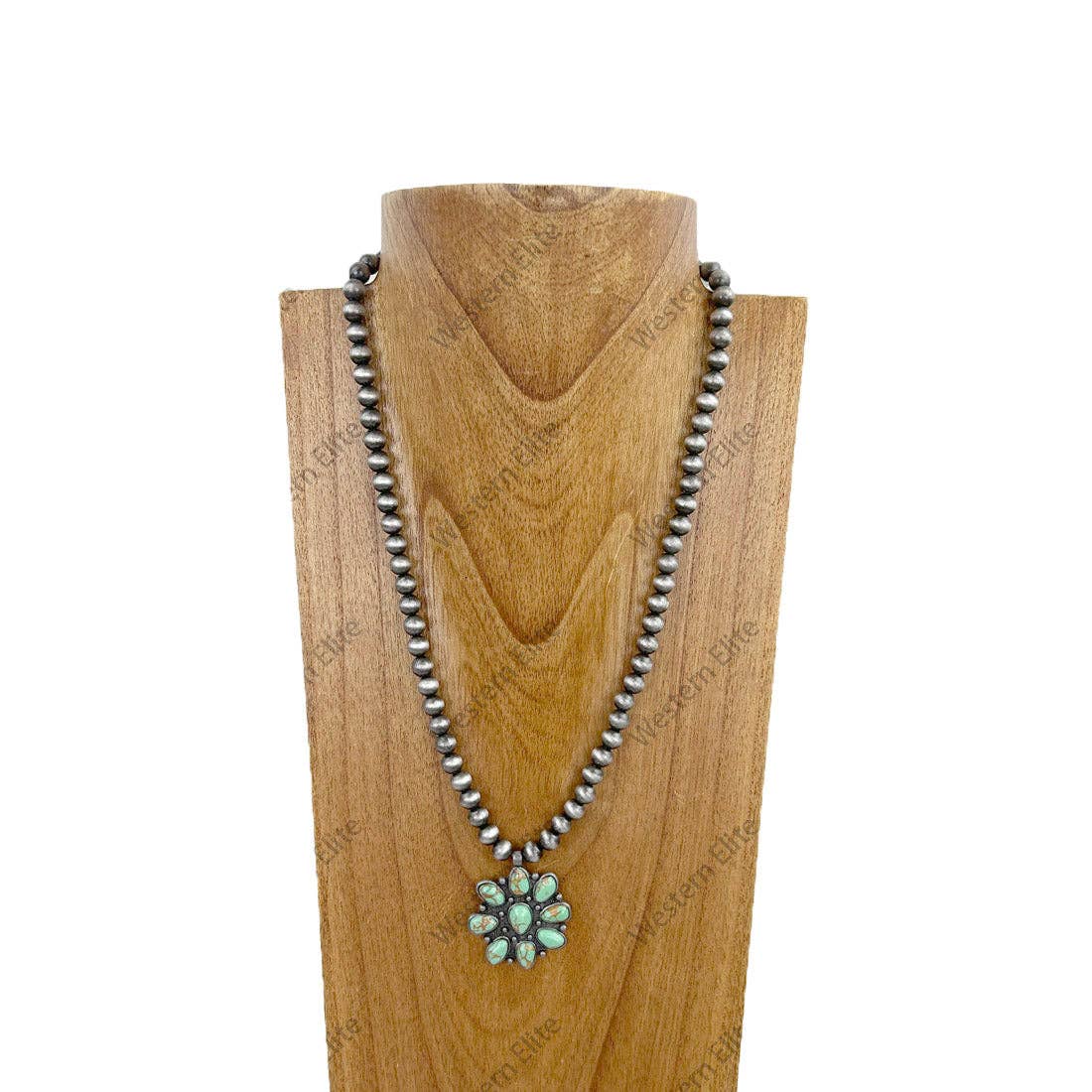 NKZ230930-04         22 Inches silver Navajo pearl beads with green stone concho Necklace