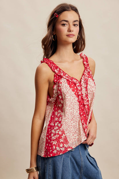 Ruffle Trim Patchwork Tank Top