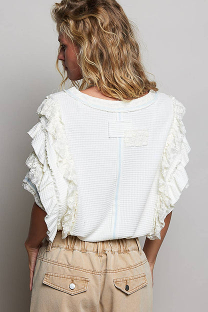 Textured Knit Ruffle Sleeve Lace Stud Cropped Short Top