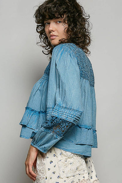 Feminine Lacework Pintuck Button Front Woven Blouse