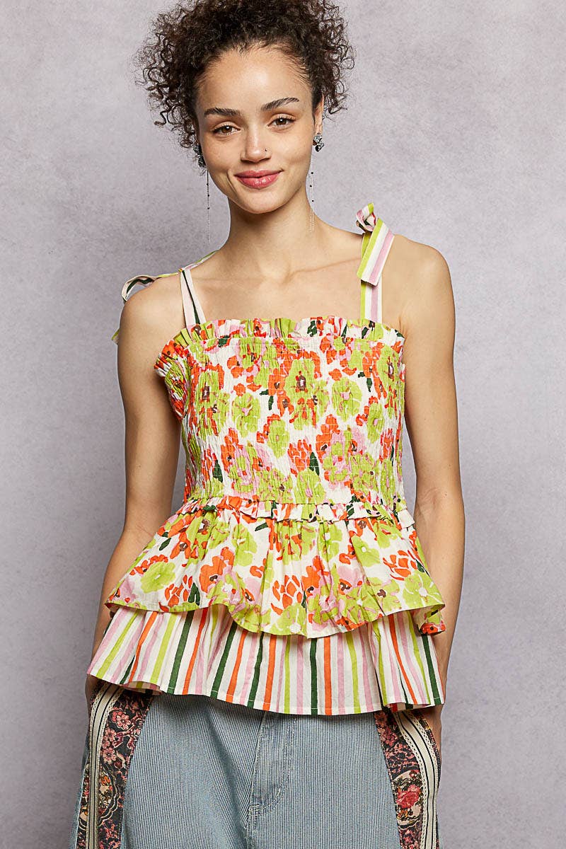 Lime Floral Ruffle Adjustable Strap Woven Printed Sleeveless Top