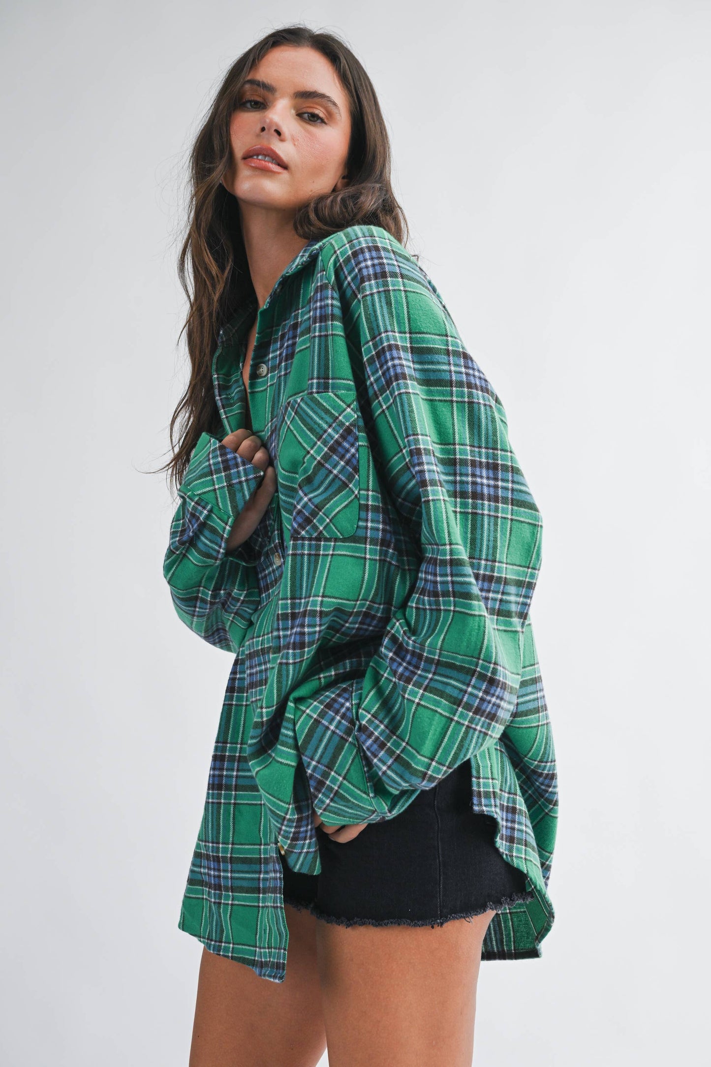 Teal Green Oversized Plaid Flannel Button Down Shirt