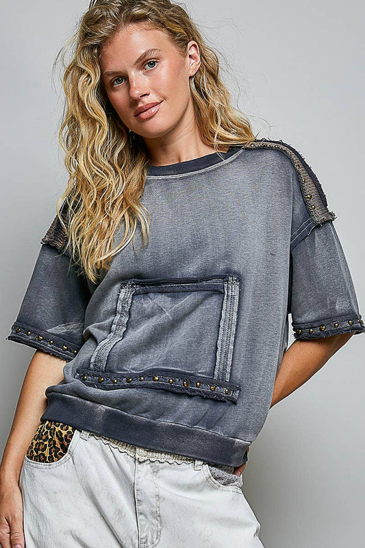 French Terry Knit Patch Vintage Washing Solid Rib Band Top