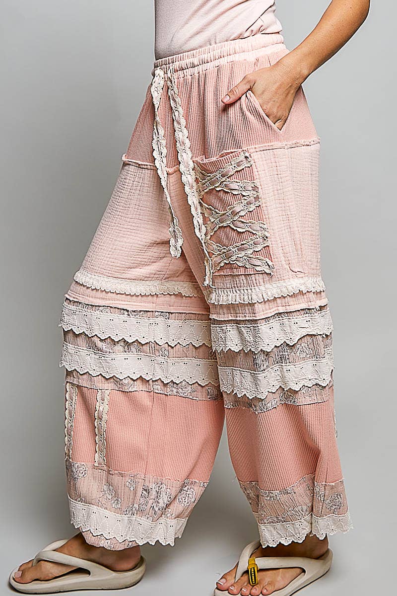 Pink Double Gauze Trim Floral Patch Waistband Jogger Pants