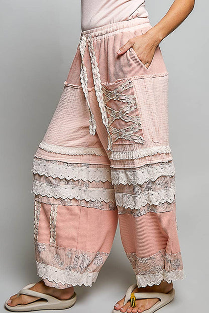 Pink Double Gauze Trim Floral Patch Waistband Jogger Pants