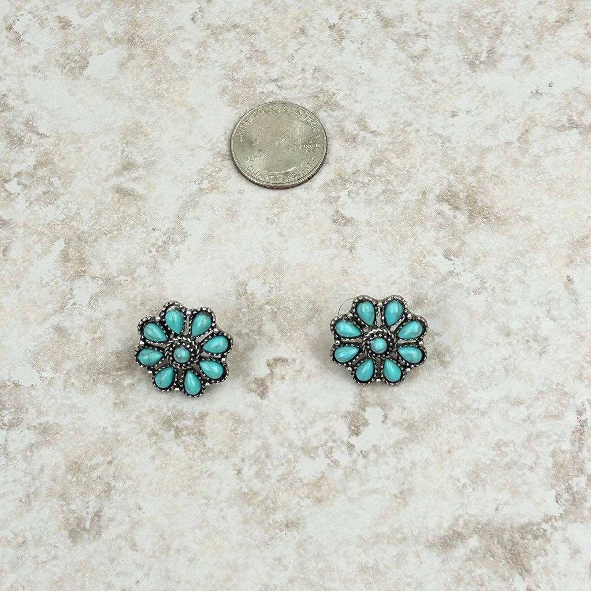 ER221015-08-BLUE     Small silver and turquoise stone floral concho post Earring