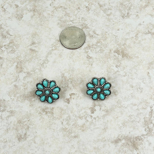 ER221015-08-BLUE     Small silver and turquoise stone floral concho post Earring