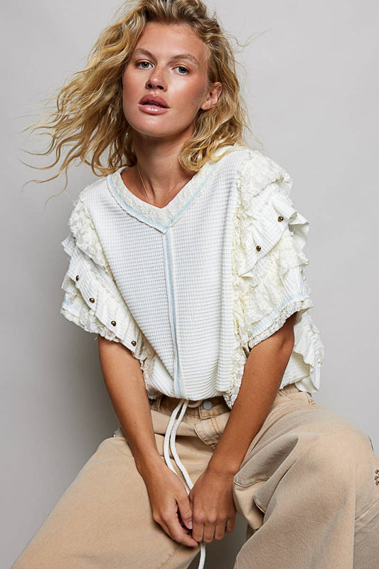 Textured Knit Ruffle Sleeve Lace Stud Cropped Short Top