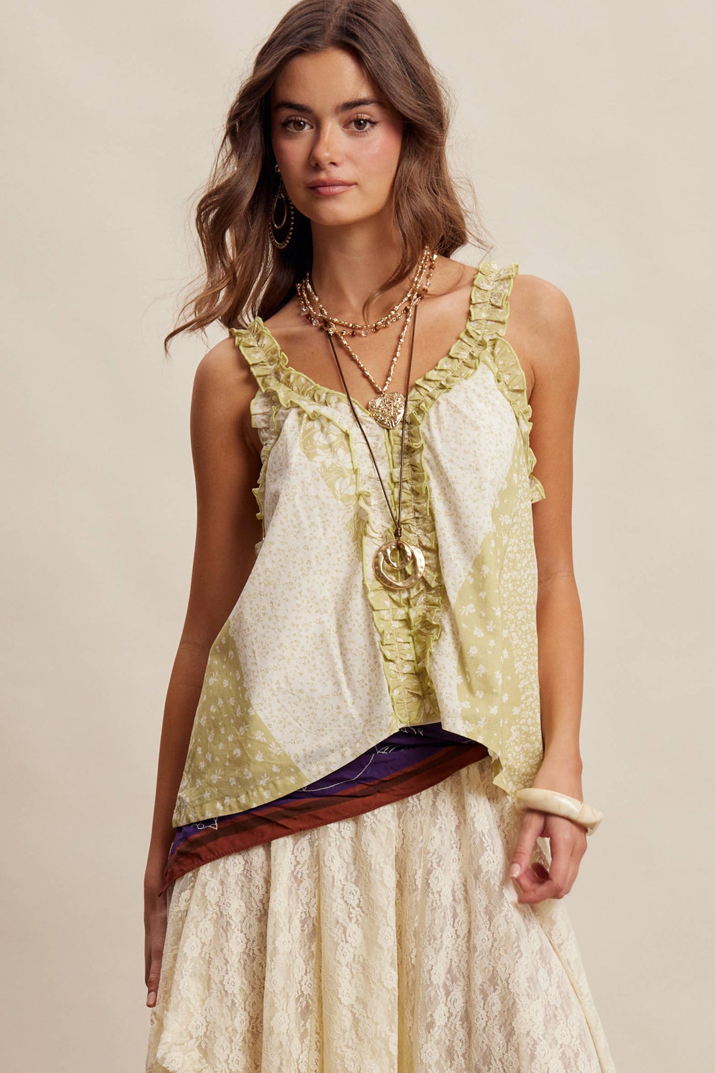 Sage Ruffle Trim Patchwork Tank Top