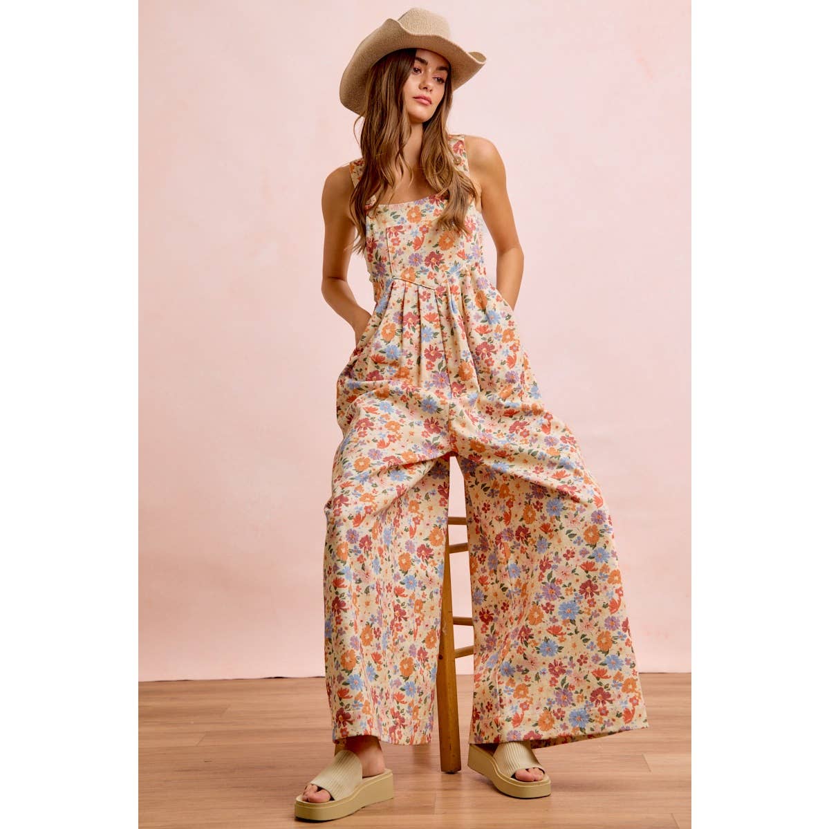 WASHED FLORAL TWILL FRONT POCKETS DETAIL OVERALL