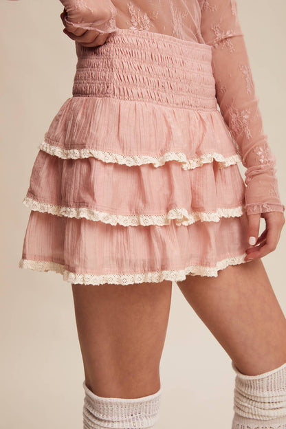 Tiered Ruffle Lace Trim Skort