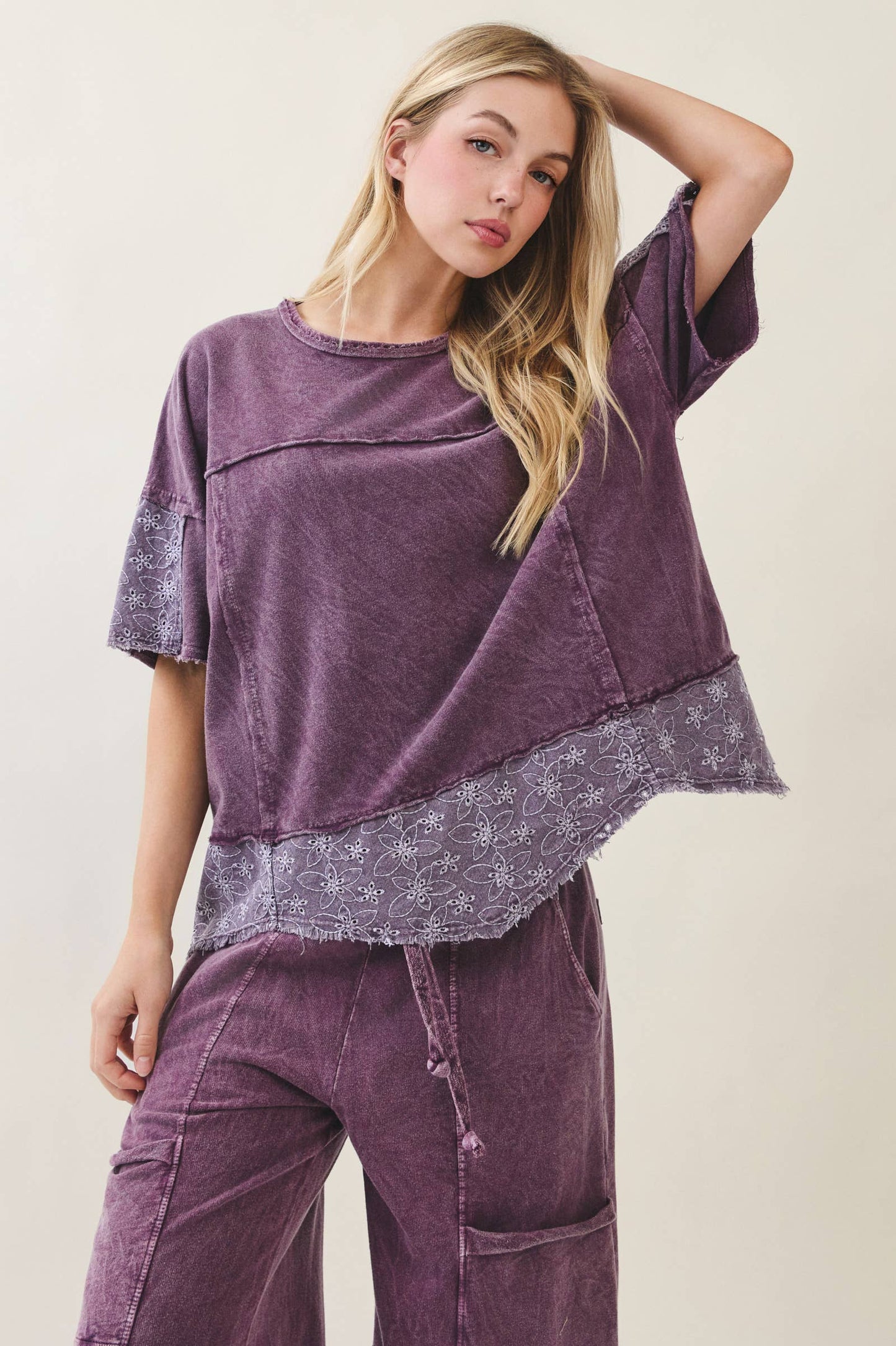 Mineral Washed Eggplant Eyelet Lace Top
