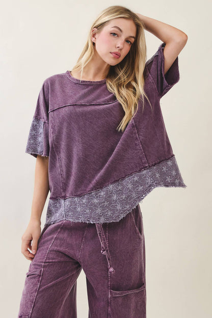 Mineral Washed Eggplant Eyelet Lace Top