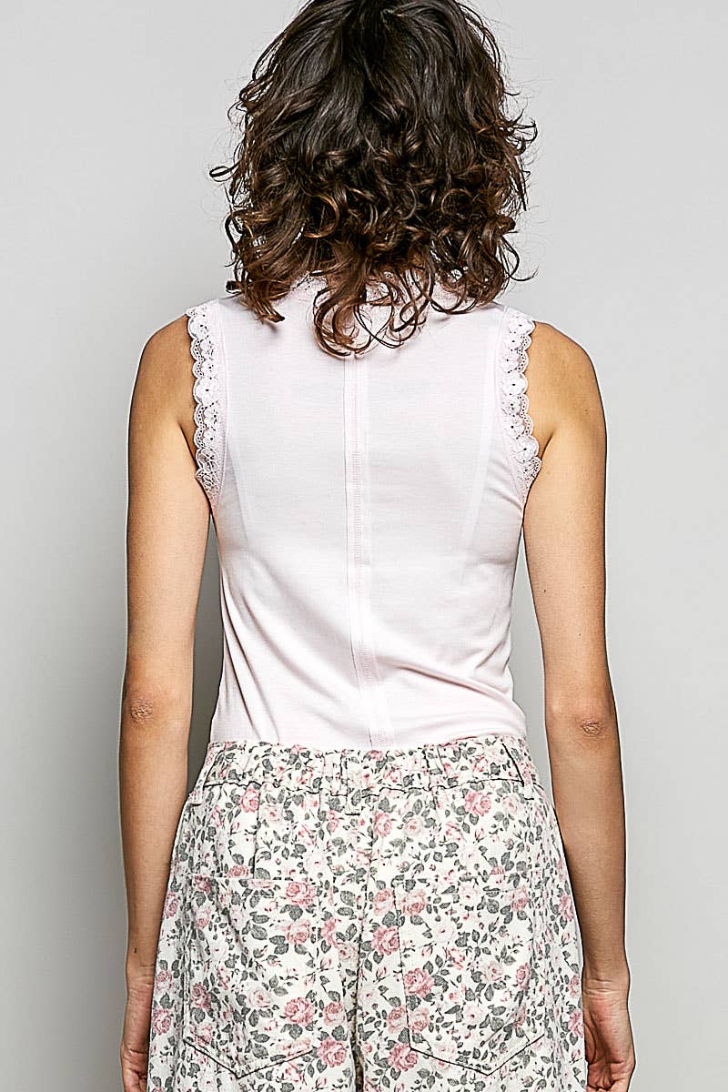 Round Neck Sleeveless Lace Trim Knit Fitted Top