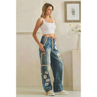 WASHED BLOCK PATCHED DENIM PANTS