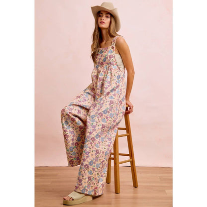 WASHED FLORAL TWILL FRONT POCKETS DETAIL OVERALL