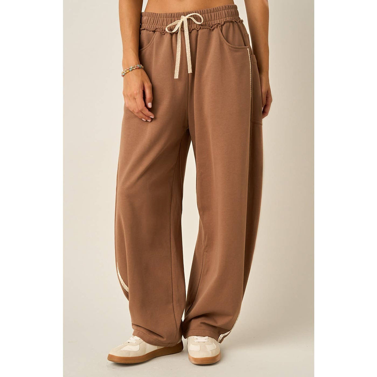 LACE TRIM BARREL LEG DRAWSTRING PANTS