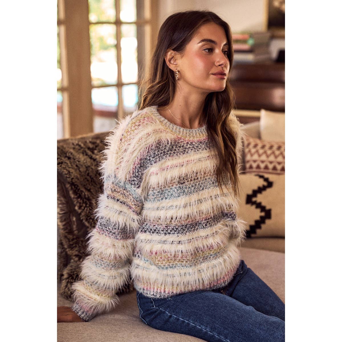 SOFT  MULTI COLOR STRIPE COZY SWEATER TOP