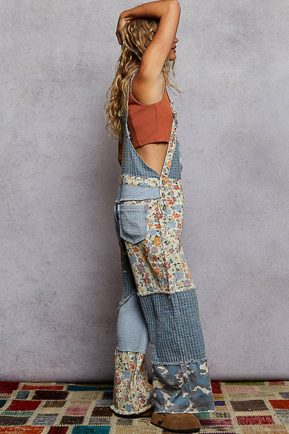 Animal printed floral print frayed edge twill woven overalls