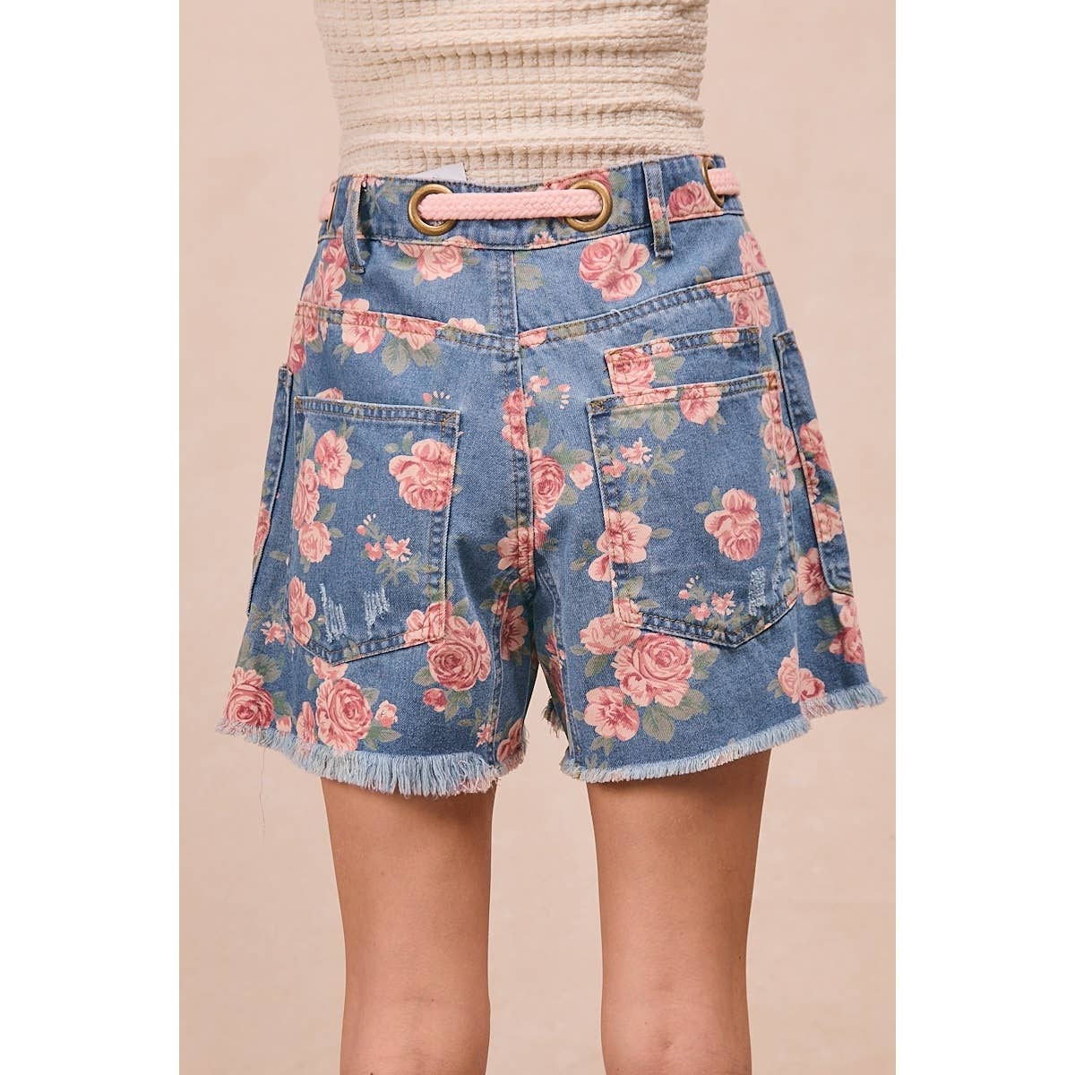 BRAIDED WAIST BELT PATCH FLORAL DENIM SHORTS
