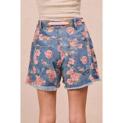 BRAIDED WAIST BELT PATCH FLORAL DENIM SHORTS