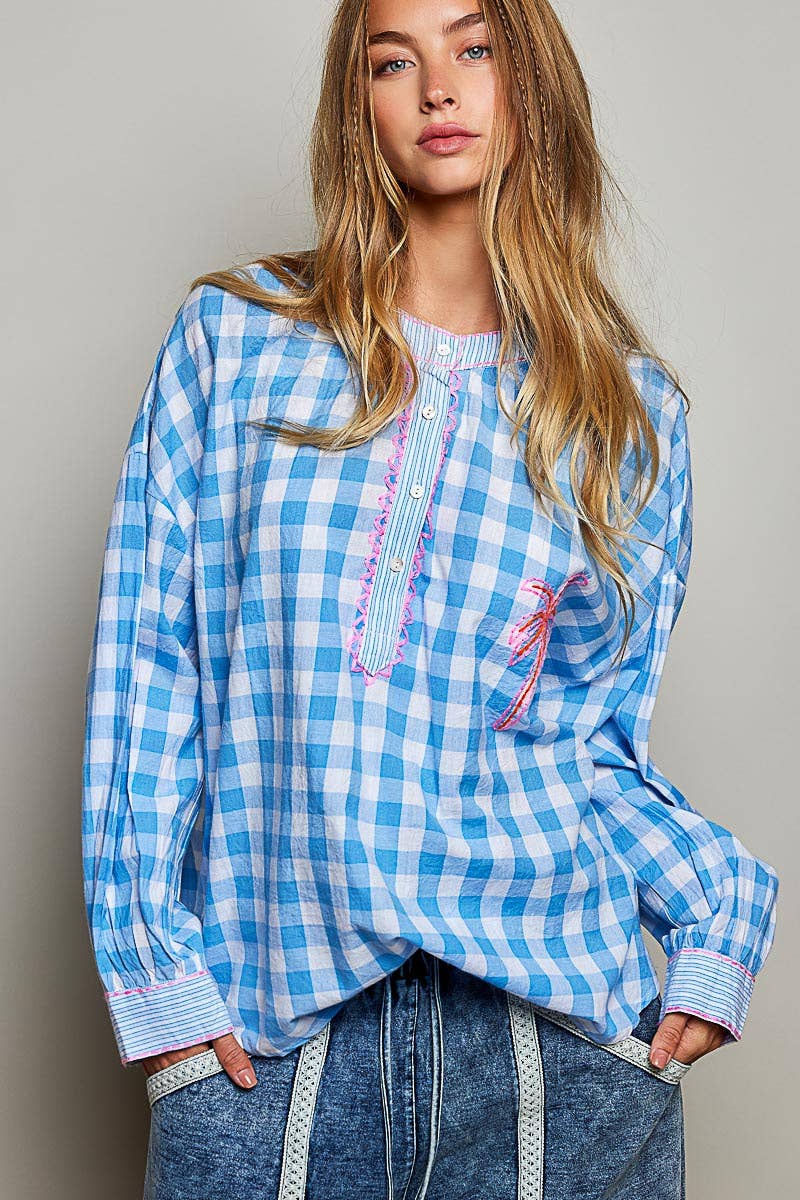 Graphic Palm-Tree Embroidery Paid Blouse Top