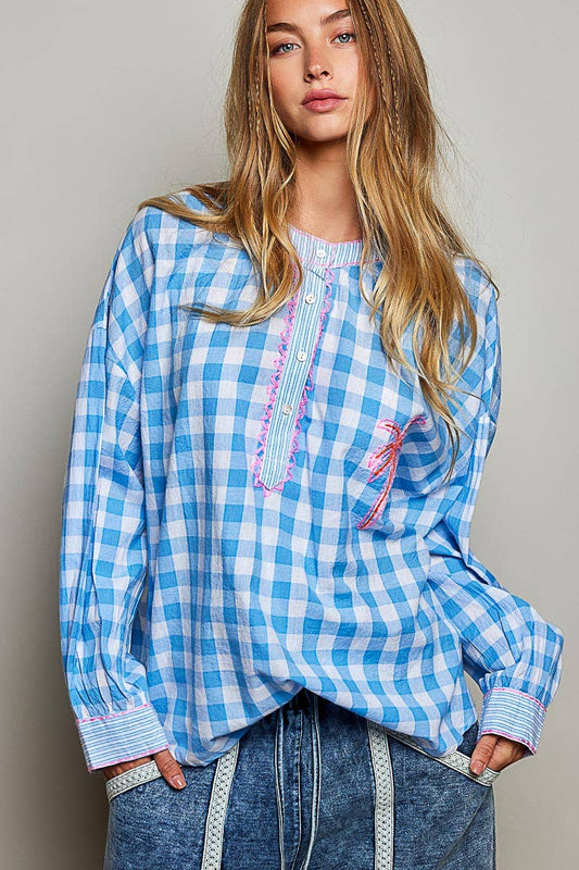 Graphic Palm-Tree Embroidery Paid Blouse Top