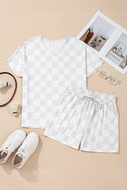 Checkered V Neck Tee Drawstring Shorts Lounge Set