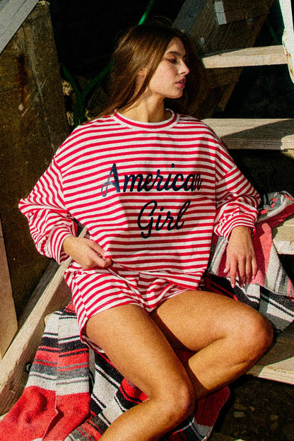 AMERICAN GIRL' Oversized Striped T-shirt