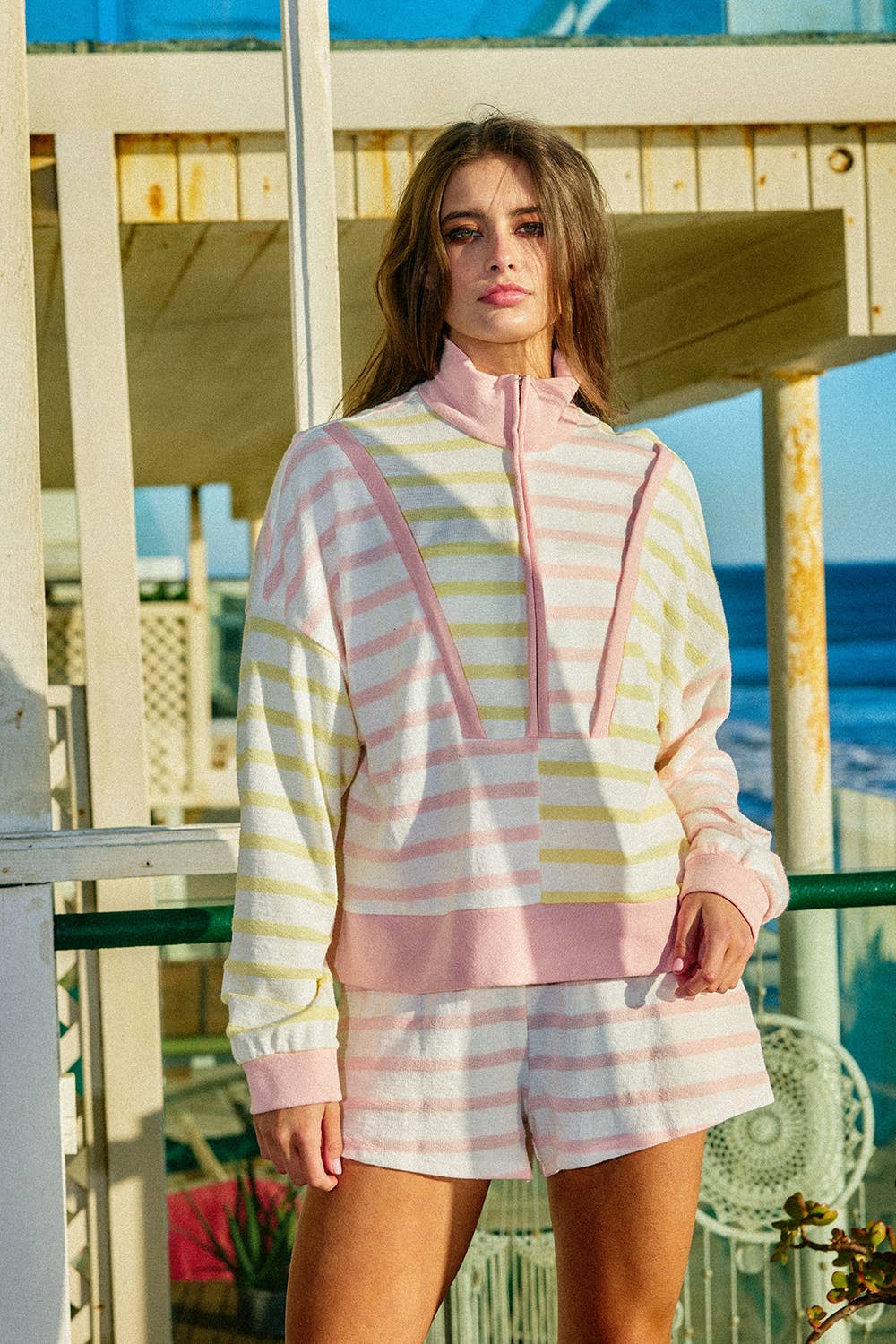 Oversized Funnel-Neck Half Zip Contrast Strip Top