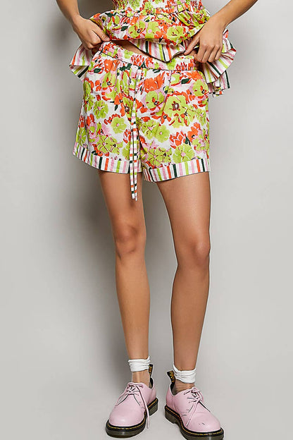 Lime Floral Stripe Trim Drawstring Shorts