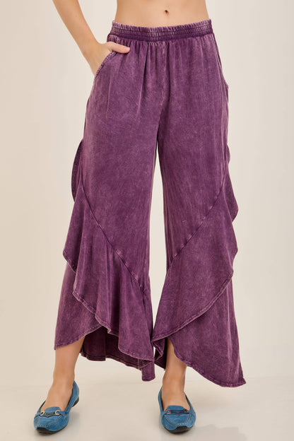 Mineral Washed Wavy Eggplant Ruffle Cropped Pants