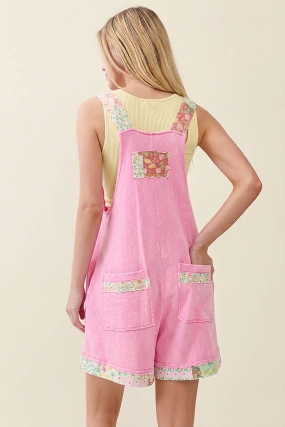 Mineral Washed Floral Patched Zipper Romper