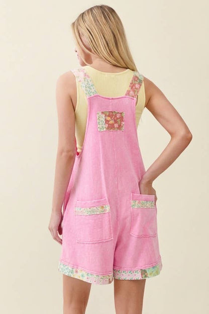 Mineral Washed Floral Patched Zipper Romper