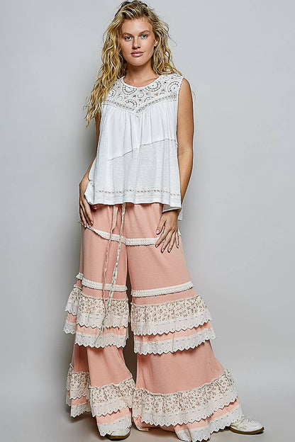 Floral Contrast Eyelet Ruffle Lace Trim Straight Knit Pants