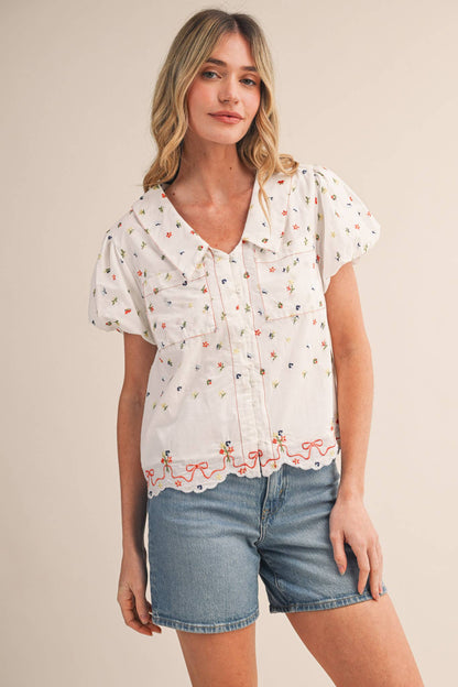 EMBROIDERED FLORAL BUBBLE SLEEVE BUTTON DOWN TOP