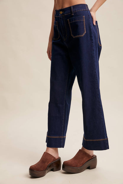 Contrast Stitch Wide Leg Stretch Denim Pants
