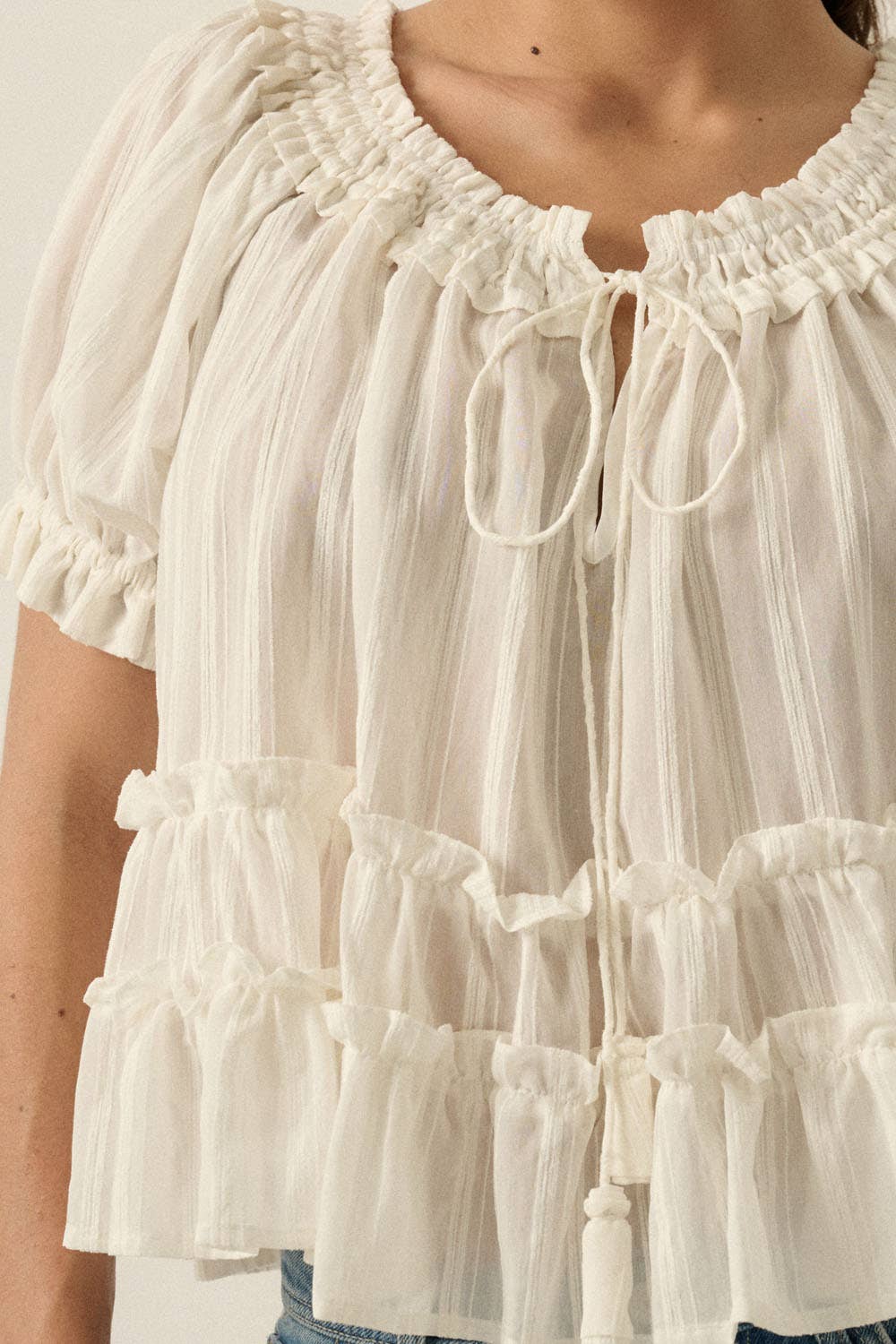 Tonal-Stripe Puff-Sleeve Tiered Ruffle Babydoll Peasant Top