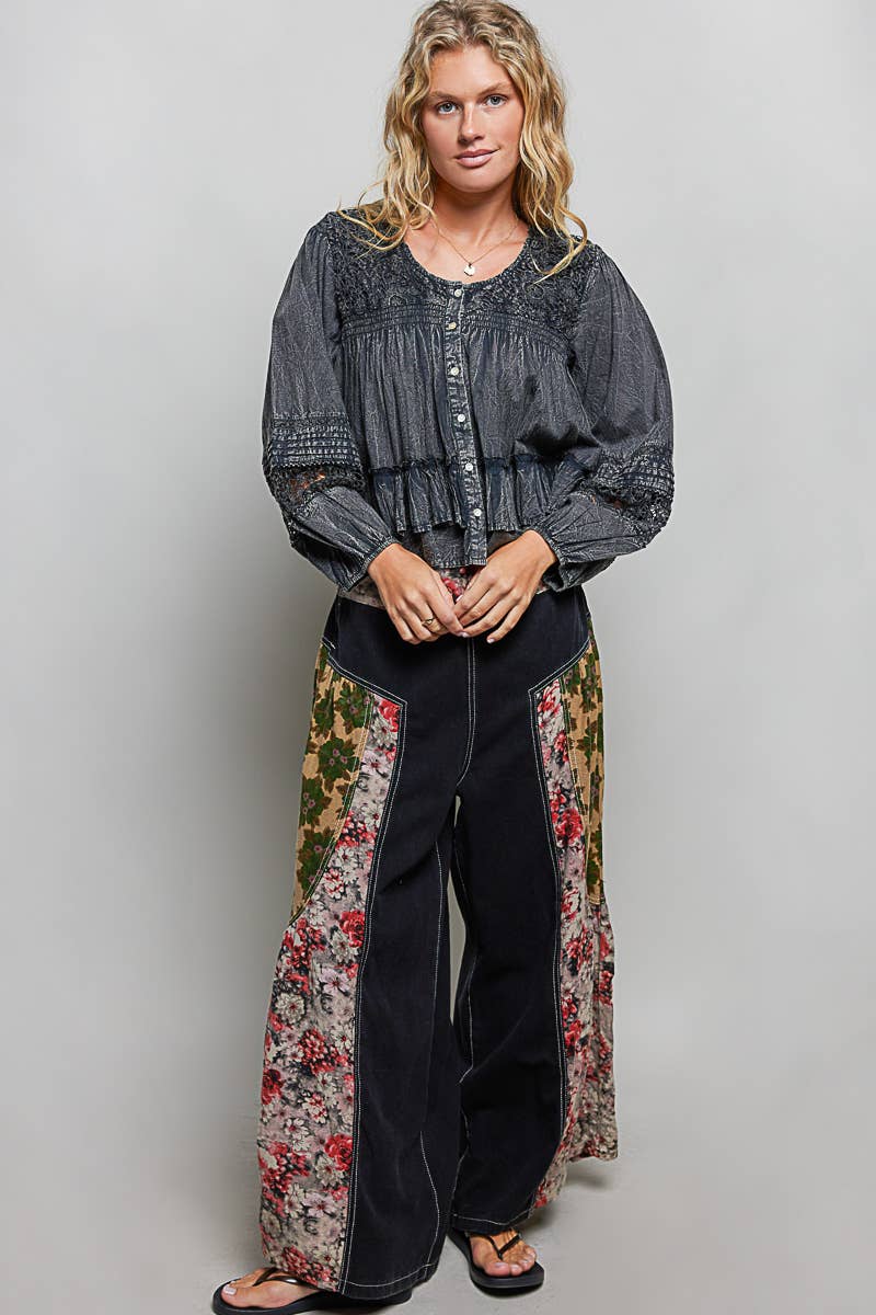 Feminine Lacework Pintuck Button Front Woven Blouse