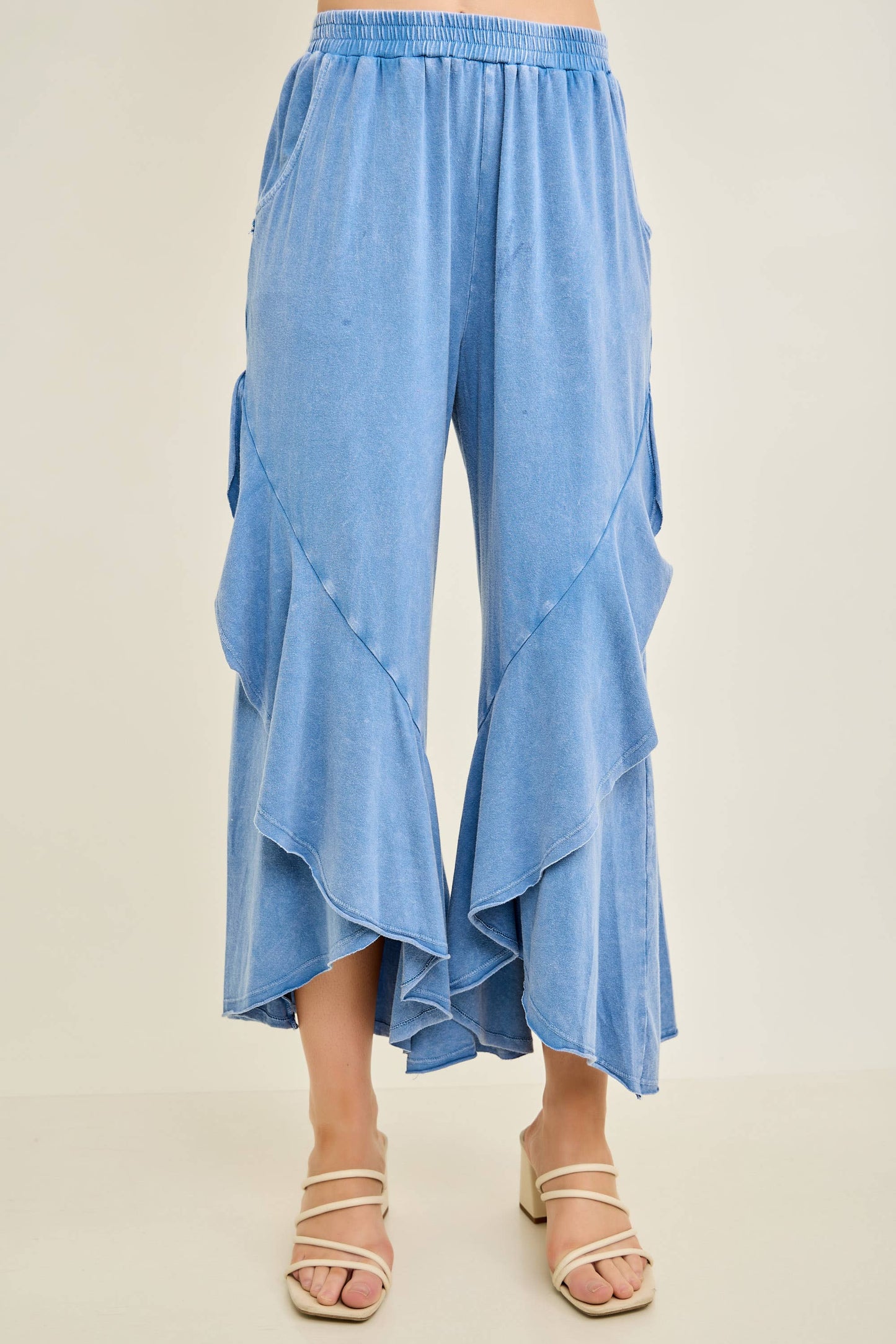 Mineral Washed Wavy Eggplant Ruffle Cropped Pants