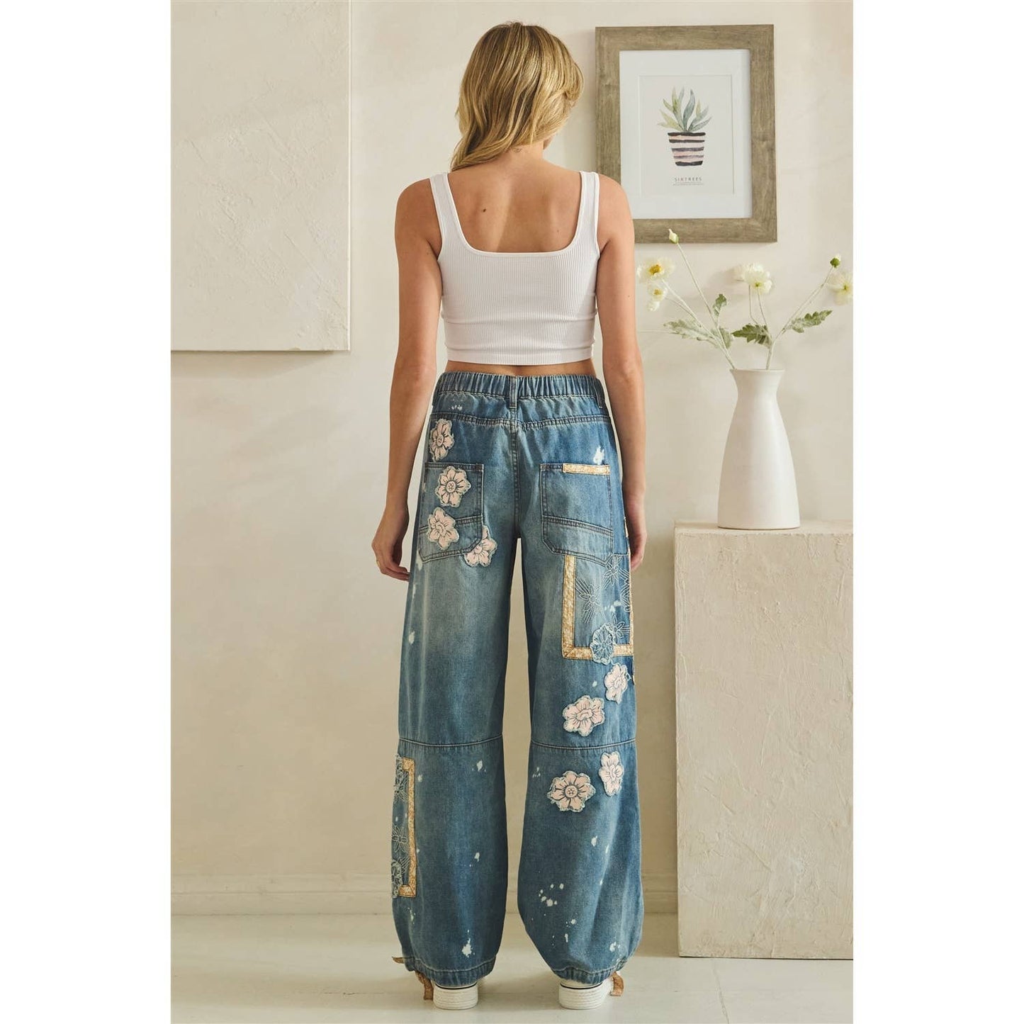 WASHED BLOCK PATCHED DENIM PANTS