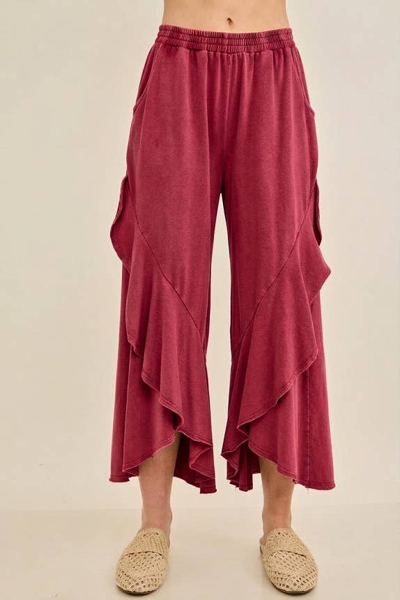 Mineral Washed Wavy Eggplant Ruffle Cropped Pants