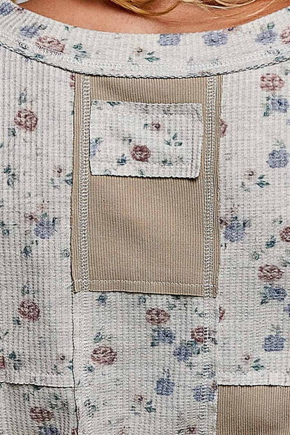 Floral Print Vintage Wash Slim Fit Long Sleeve Knit Top