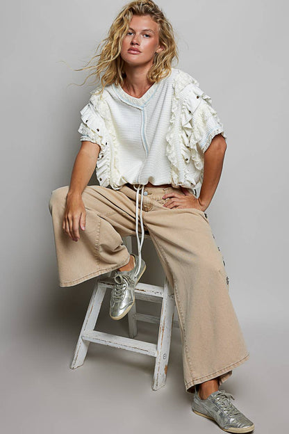 Textured Knit Ruffle Sleeve Lace Stud Cropped Short Top