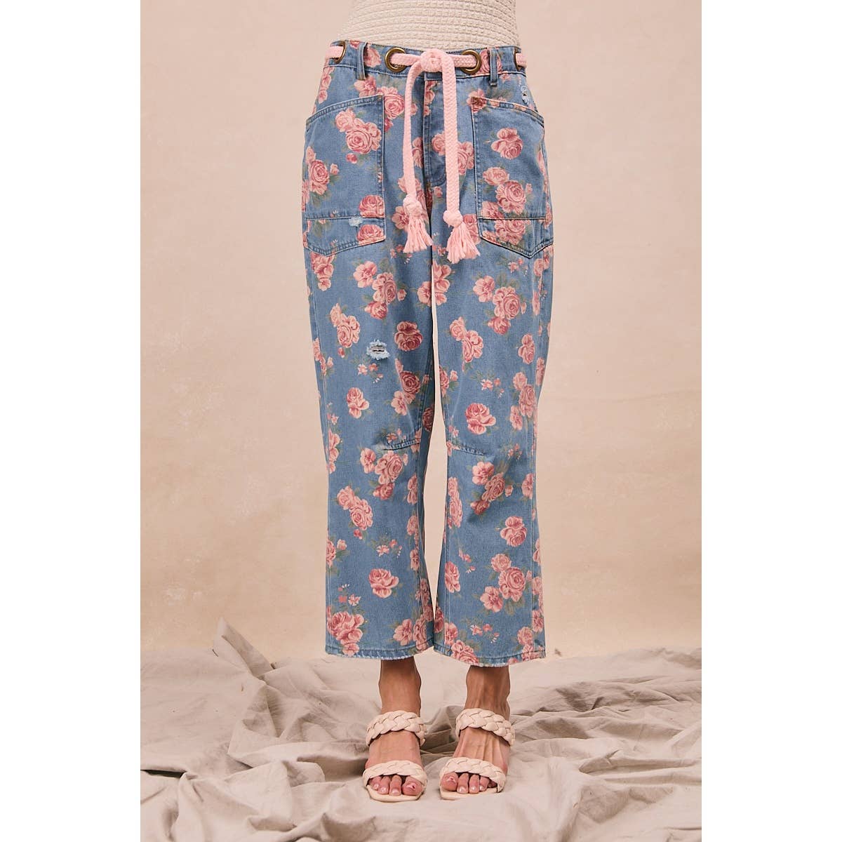 BRAIDING PATCH POCKET FLORAL DENIM PANTS