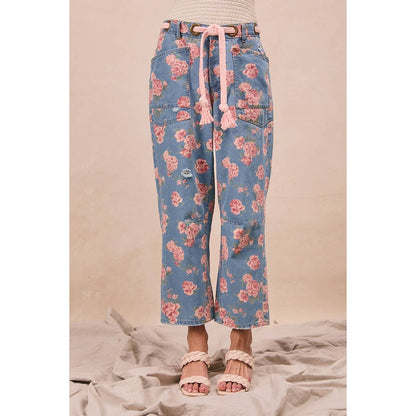BRAIDING PATCH POCKET FLORAL DENIM PANTS