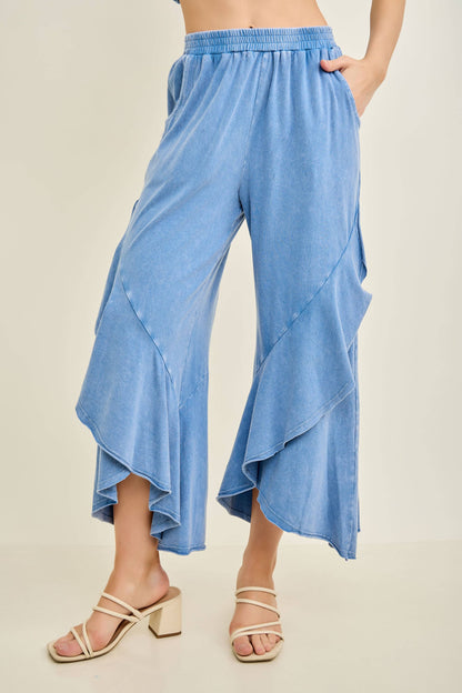 Mineral Washed Wavy Eggplant Ruffle Cropped Pants