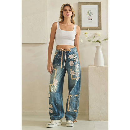 WASHED BLOCK PATCHED DENIM PANTS
