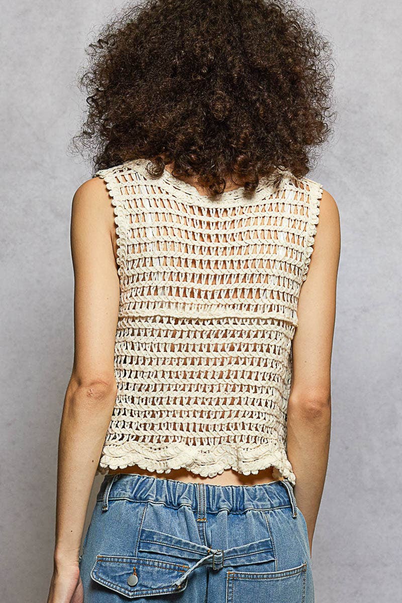 Round Neck Sleeveless Colored Floral Pattern Crochet Top