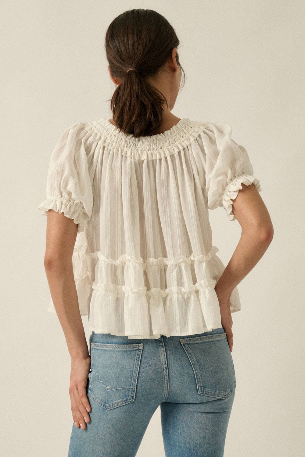 Tonal-Stripe Puff-Sleeve Tiered Ruffle Babydoll Peasant Top